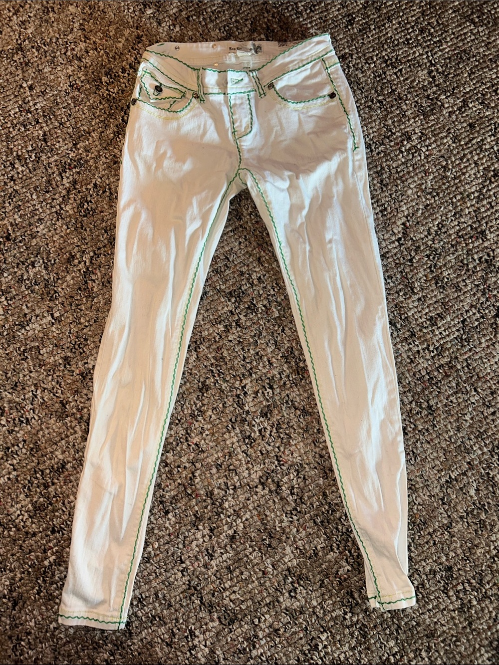 Women’s White Skinny Jeans with Green Stitching
